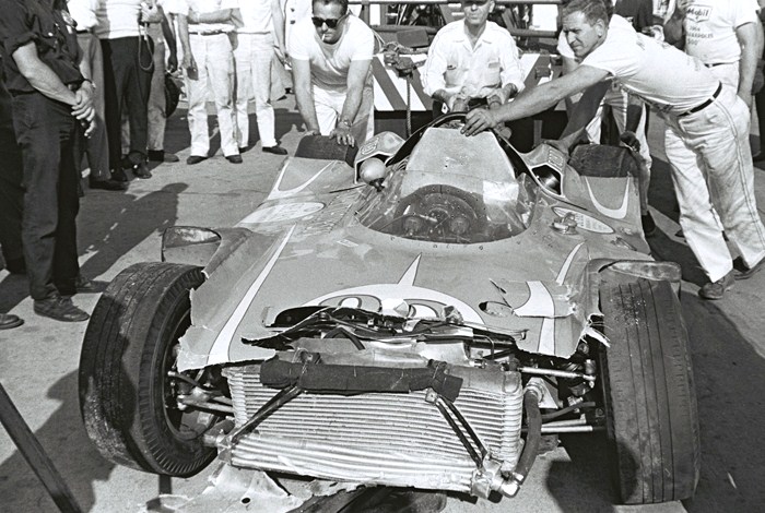 Mickey Thompson’s indy 500 driver Eddie Johnson losses control and hits outside wall